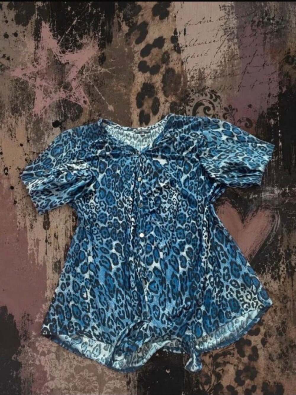ava & grace Petite Blue Leopard Print Puff Sleeve Tie-Front Blouse